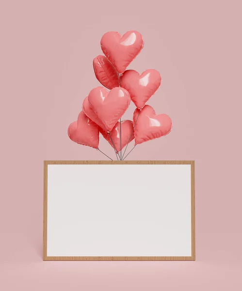 Heart Shaped Balloons Holding Blank Frame Valentine Day Concept Greeting — Stockfoto