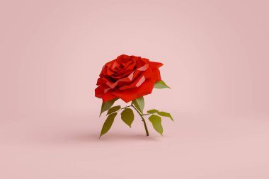 Kırmızı arka planda minimalist alçak gül. 3d oluşturma