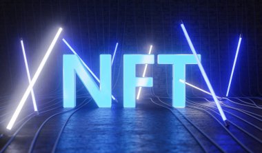 Etrafında neon çubuklar ve yerde kablolar olan NFT işareti. Dijital sanat konsepti, nft, metaverse, ticaret ve kripto. 3d oluşturma
