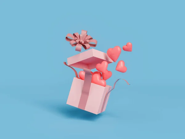 打开装有红心的礼品盒 情人节 生日和爱的概念 3D渲染 — 图库照片