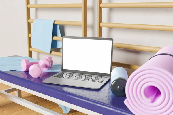laptop on a gym bench with exercise equipment around it. white screen mockup. concept of exercise, technology, online training, web and healthy living. 3d rendering