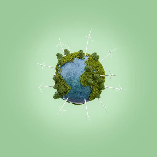 Planeta Tierra Con Vegetación Árboles Turbinas Eólicas Con Fondo Azul — Foto de Stock