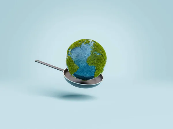 在蓝色背景上漂浮的煎锅上的行星地球 全球变暖的概念 3D渲染 — 图库照片