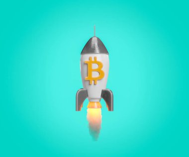 Roket havalanıyor ve mavi arka planda bitcoin sembolü olan ateş izi bırakıyor. Yatırım konsepti, kripto para birimleri, ticaret, ekonomi ve gelecek. 3d oluşturma