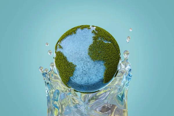 带着植被和水花的行星地球 全球变暖 可再生能源和干旱的概念 3D渲染 — 图库照片