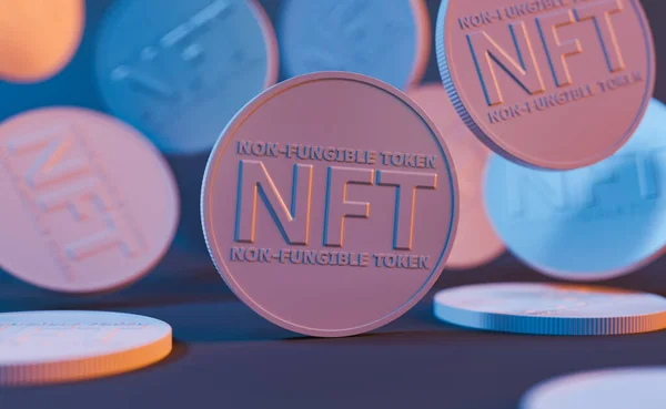 Dağınık NFT paraların neon ışıklarla yakın çekimi. Meta evren konsepti, ödenmez jeton, kriptoart, kazanmak ve ekonomi için oyun. 3d oluşturma