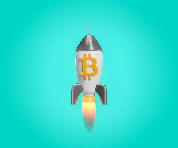 Raket Lyfter Och Släpper Spår Eld Med Bitcoin Symbol Blå — Stockfoto