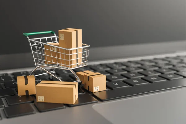 Bilgisayar klavyesinin üstündeki alışveriş arabasının etrafındaki kargo kutularını kapat ve uzayı kopyala. E-ticaret, gemicilik, gemicilik ve perakendecilik konsepti. 3d oluşturma