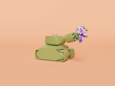 Topta çiçekler olan bir tank oyuncağı. Savaş ve barış kavramı. 3d oluşturma