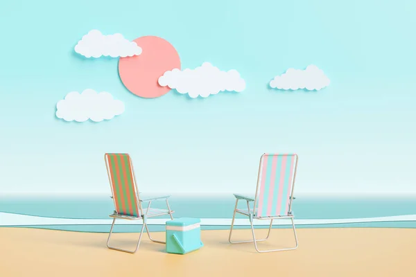 Çizgi film sahili manzarasında bir çift plaj sandalyesi. Yaz konsepti, tatil, çift, seyahat ve rahatlama. 3d oluşturma