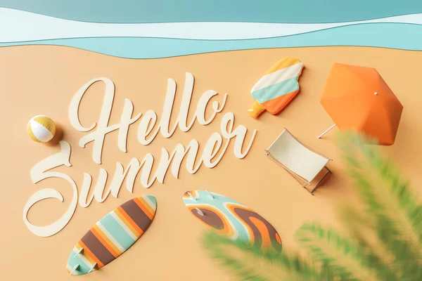 Hello Sommer Schild Künstlichen Strand Mit Hängematte Und Strandzubehör Konzept — Stockfoto