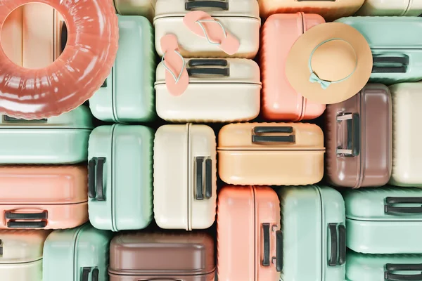 Muster Vieler Koffer Gestapelt Mit Sommerreisezubehör Konzept Von Reisen Sommer — Stockfoto