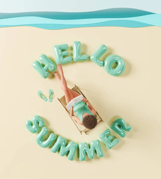 Hello Summer という言葉が浮かぶ人工ビーチでハンモックで読んでいる女性のトップビュー 夏の到来という概念です リラックス休暇旅行 3Dレンダリング — ストック写真