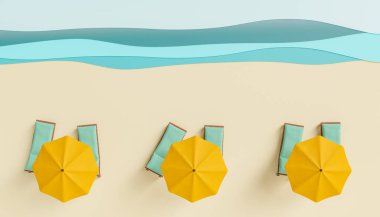 Suni bir plaj stüdyosundaki şemsiyelerin ve şezlongların üst görüntüsü. Yaz konsepti, plaj, tatil, seyahat, tatil ve dinlenme. 3d oluşturma
