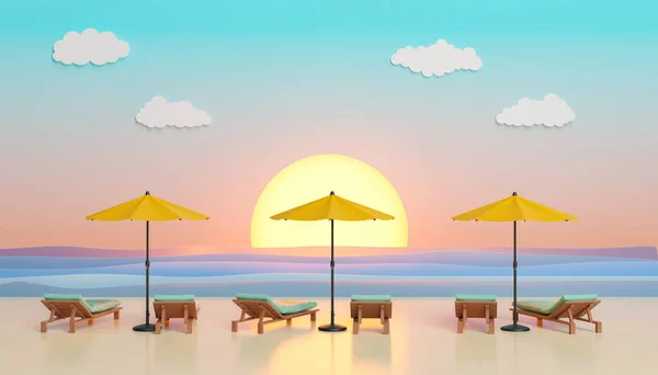 Esernyők Nyugágyak Egy Mesterséges Strandon Naplementekor Egy Stúdióban Nyári Koncepció — Stock Fotó