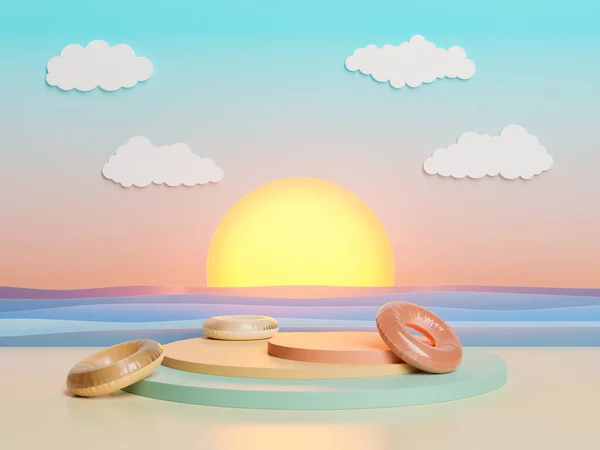 Pódium Pro Zobrazení Produktů Umělé Pláži Při Západu Slunce Studiu — Stock fotografie