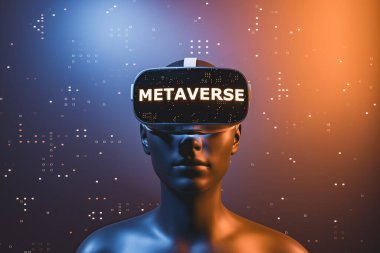 Sanal gerçeklik gözlüklü, METAVERSE sözcüğüne sahip bir kızın 3 boyutlu karakteri. Meta evren konsepti, gelecek, kazanmak için oynamak, kripto para birimleri, teknoloji ve vr. 3d oluşturma