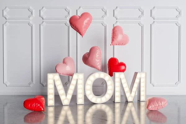 Mom灯的标志与心脏气球周围 母亲节 母亲节 母亲节 母亲节 母亲节 母亲节 母亲节 母亲节 母亲节 — 图库照片