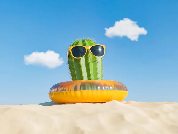 Kaktusy Platformie Plaży Piasek Czystym Niebem Renderowanie — Zdjęcie stockowe