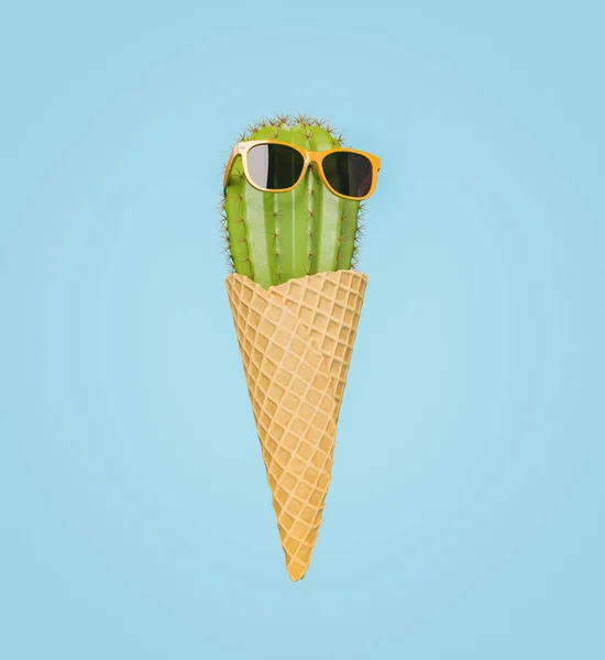 Jégkrém Kúp Egy Kaktusz Napszemüveggel Kék Háttér Renderelés — Stock Fotó