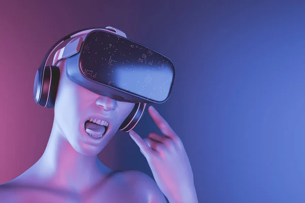 Rock suratlı ve kulaklıklı sanal gerçeklik gözlüklü bir kızın 3D portresi. Meta evren ve müzik konsepti. 3d oluşturma