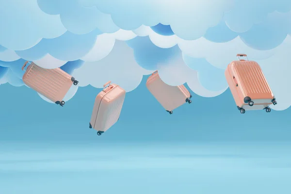 Reisekoffer Fallen Aus Künstlichen Wolken Auf Studiohintergrund Reisekonzept Darstellung — Stockfoto