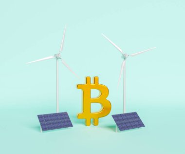 Mavi üzerine yel değirmenleri ve güneş panelleri arasına yerleştirilen bitcoin sembolünün 3 boyutlu yorumlanması kripto para biriminin ekolojik madenciliğini gösteriyor