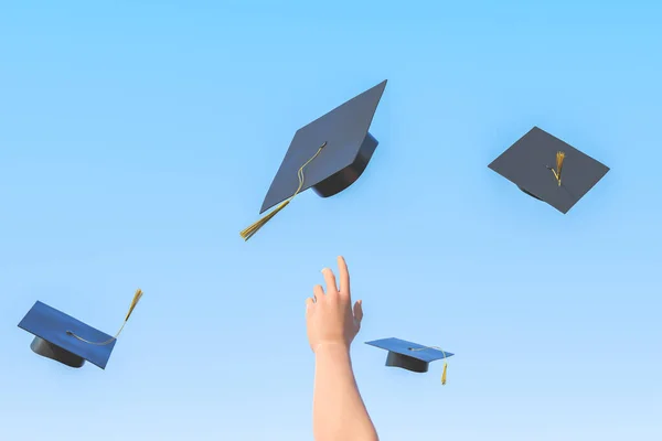 Illustratie Van Student Gooien Graduation Cap Tegen Andere Academische Hoeden — Stockfoto