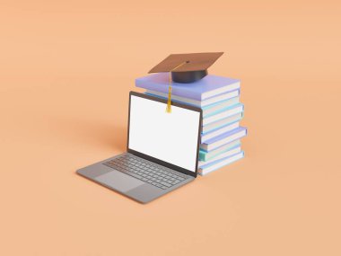 Mezuniyet kapağı bej arkaplanına yakın boş ekran kitaplarla modern dizüstü bilgisayarın 3d çizimi