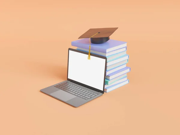 Illustration Modern Laptop Empty Screen Stack Books Graduation Cap Beige — Stock Photo, Image