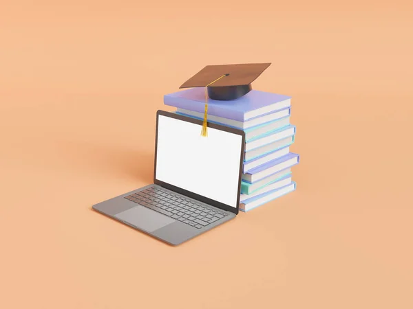 Illustrazione Laptop Moderno Con Schermo Vuoto Vicino Pila Libri Con — Foto Stock