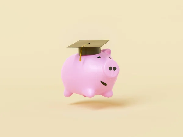 浅浅的米色背景下教育投资理念在学术帽中跳跃快乐储蓄罐的三维例证 — 图库照片
