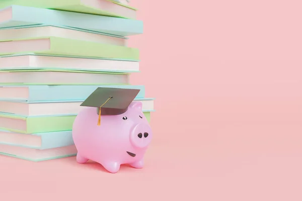 三维图片说明 浅粉背景下的小猪在毕业帽中的微笑 接近一堆书的概念 以省钱和教育为主题 — 图库照片