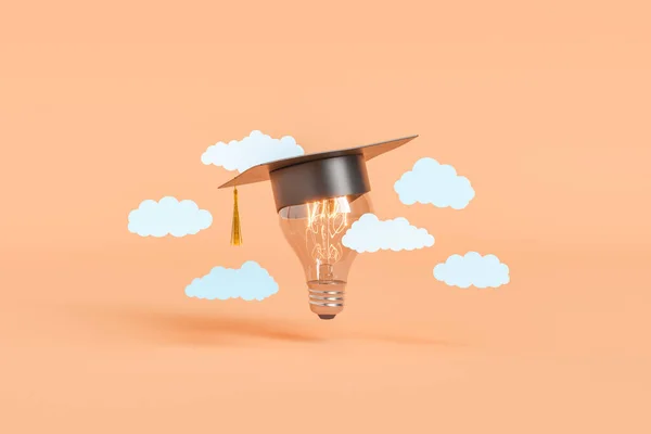 Ilustração Lâmpada Luminosa Tampa Graduação Entre Nuvens Para Conceito Imaginação — Fotografia de Stock
