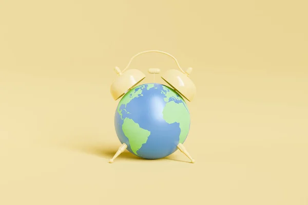 Budzik Kształcie Planety Ziemia Zielonymi Kontynentami Niebieskimi Oceanami Umieszczone Żółtym — Zdjęcie stockowe