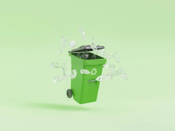 Illusztráció Újrahasznosítás Bin Egy Csomó Műanyag Palackok Lebegő Zöld Háttér — Stock Fotó