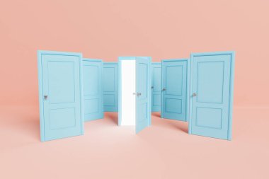 Kapalı mavi kapıların çokluğu, parlak ışığın yeni fırsatları ve stüdyonun ışık arka planında değişiklikleri temsil ettiği bir kapı aralığı. 3d oluşturma