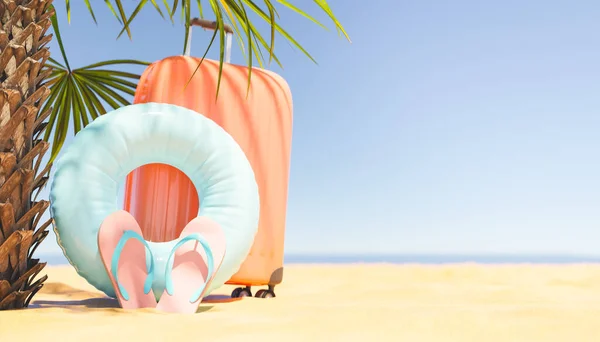 Flip Flops Inflatable Ring Placed Luggage Sandy Shore Palm Trees — Stock fotografie