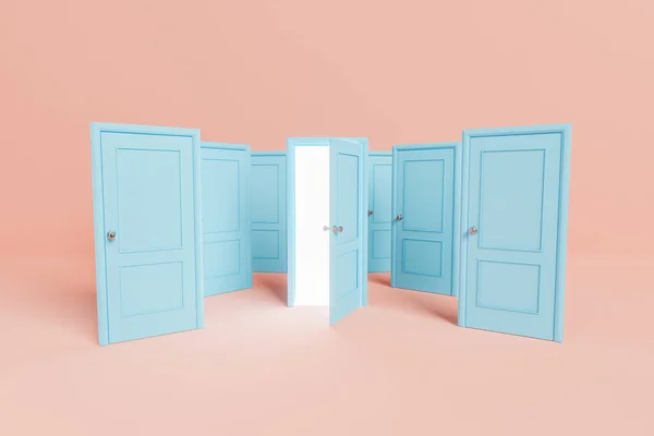 Изобилие Закрытых Голубых Дверей Возле Открытых Дверей Ярким Светом Представляющим — стоковое фото