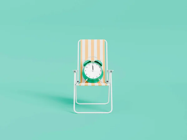 Alarm Clock Placed Deckchair White Orange Straps Green Background Summer — Photo