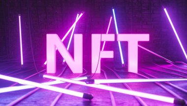 Mor NFT yazıtlarının 3 boyutlu çizimi, engelleme teknolojisinde eşsiz bir simge olarak neon lambalarla çevrili.