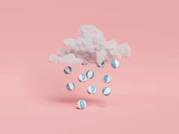 Illustration White Cloud Dropping Striped Beach Balls Rain Pink Background — 스톡 사진