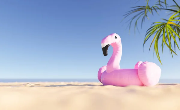 Illustration Pink Flamingo Float Placed Sandy Beach Cloudless Blue Sky — Stock fotografie