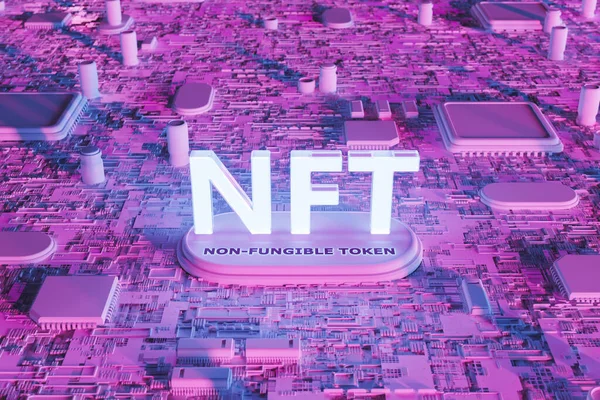 Illustration Glowing Nft Letters Installed Non Fungible Token Inscription Purple — Stockfoto