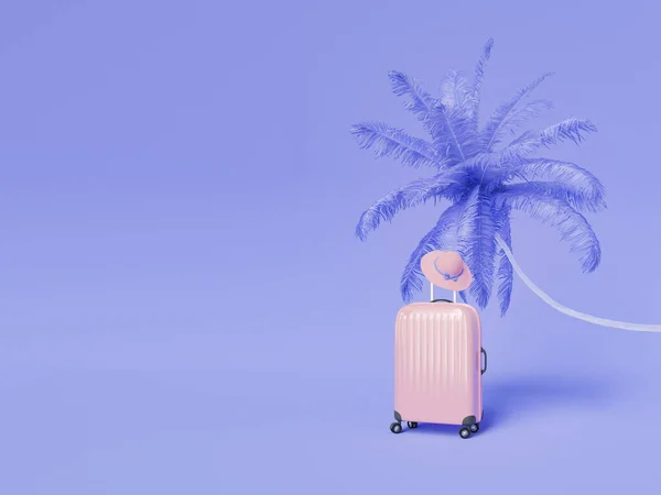 Rendering Moderner Rosafarbener Koffer Und Hut Auf Hellviolettem Hintergrund Mit — Stockfoto