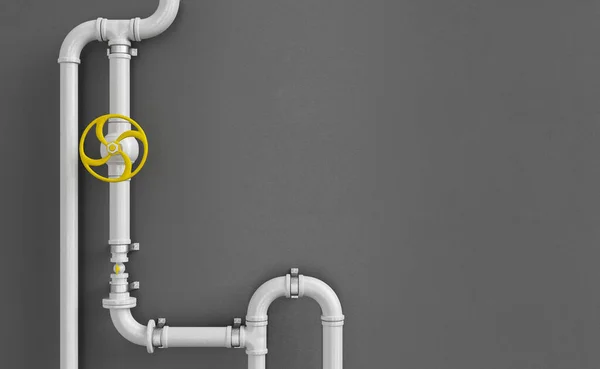 黒い背景に原油やガソリンを分散黄色バルブとプラスチックパイプの3Dイラスト — ストック写真