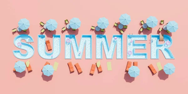 Відображення Слова Summer Формі Басейну Лежаками Стільцями Парасольками Навколо Нього — стокове фото