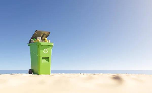 Ilustração Lata Verde Para Lixo Plástico Reciclável Localizado Praia Areia — Fotografia de Stock