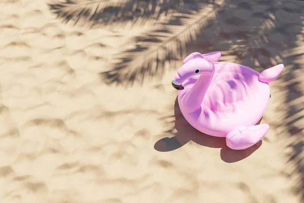 Flamingo Pływać Plaży Piasku Falami Liści Palmy Cień Słoneczny Dzień — Zdjęcie stockowe
