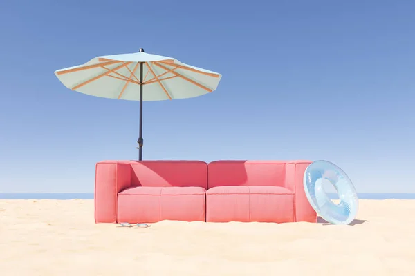 Divano Solitario Una Spiaggia Deserta Con Ombrellone Cielo Limpido Rendering — Foto Stock
